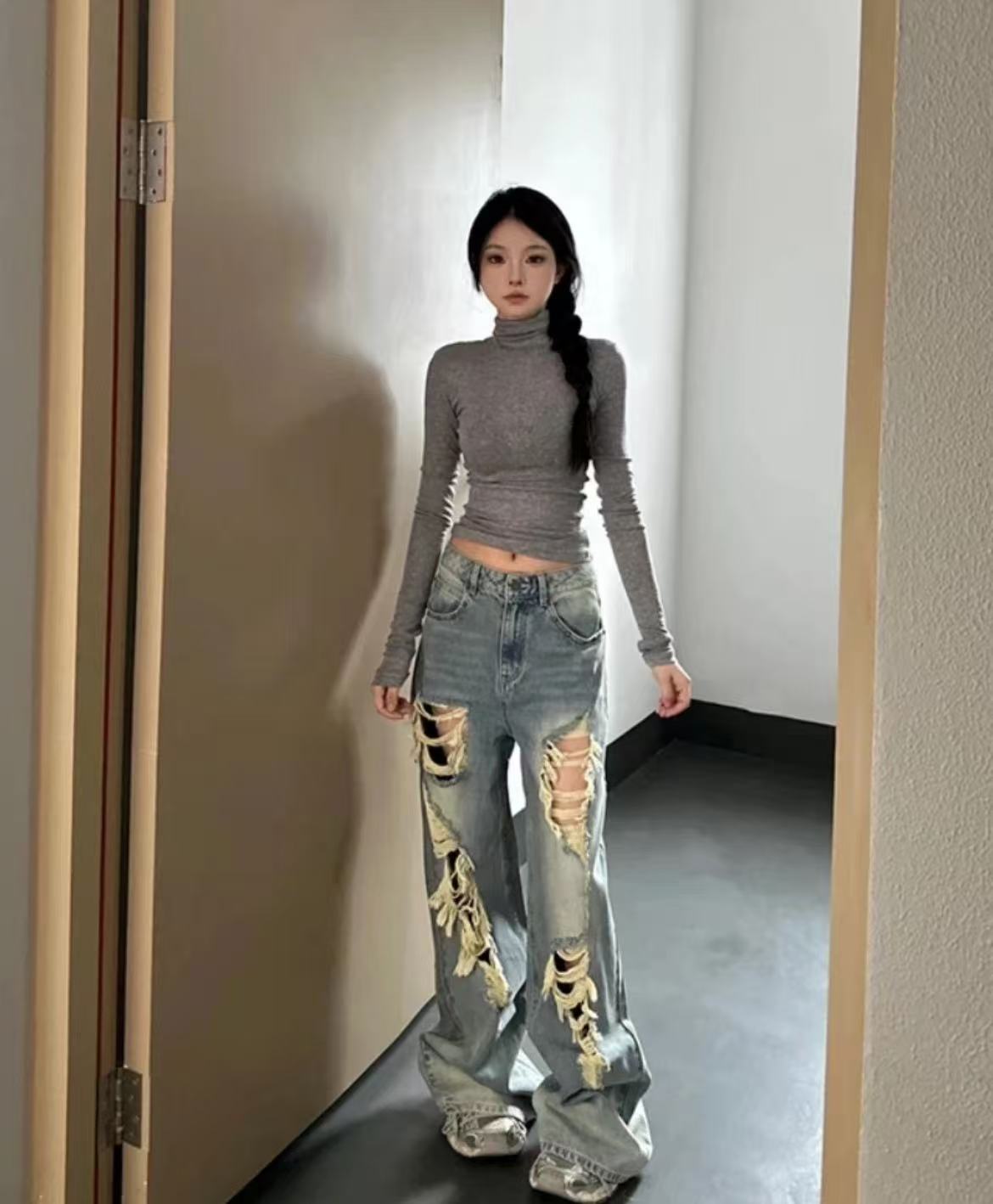 🔥New 2025 High Waist Wide Leg Straight Cut Ripped Denim Jeans Women's Loose Slimming Vintage American Washed Spring Summer