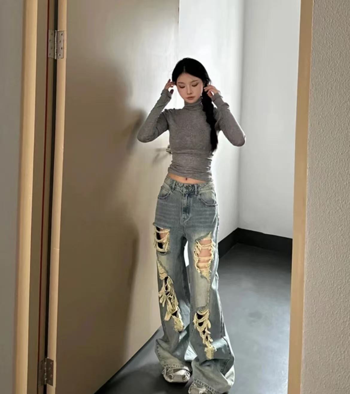 🔥New 2025 High Waist Wide Leg Straight Cut Ripped Denim Jeans Women's Loose Slimming Vintage American Washed Spring Summer