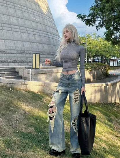 🔥New 2025 High Waist Wide Leg Straight Cut Ripped Denim Jeans Women's Loose Slimming Vintage American Washed Spring Summer