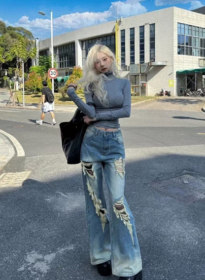 🔥New 2025 High Waist Wide Leg Straight Cut Ripped Denim Jeans Women's Loose Slimming Vintage American Washed Spring Summer