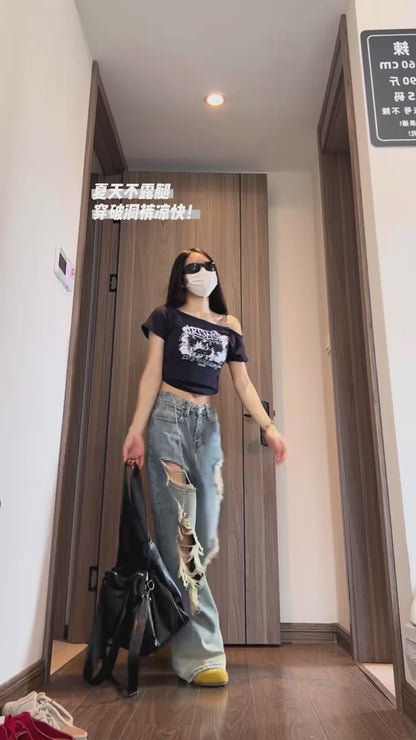 🔥New 2025 High Waist Wide Leg Straight Cut Ripped Denim Jeans Women's Loose Slimming Vintage American Washed Spring Summer